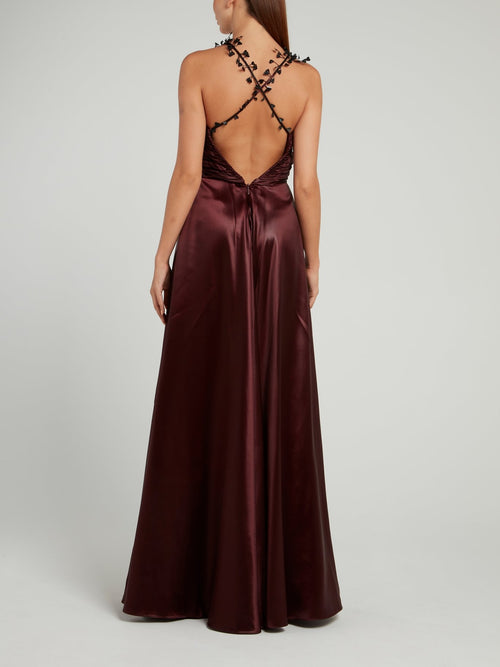 Burgundy Empire Waist Plunge Maxi Dress