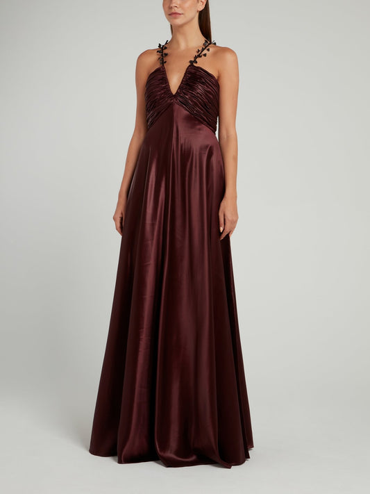 Burgundy Empire Waist Plunge Maxi Dress