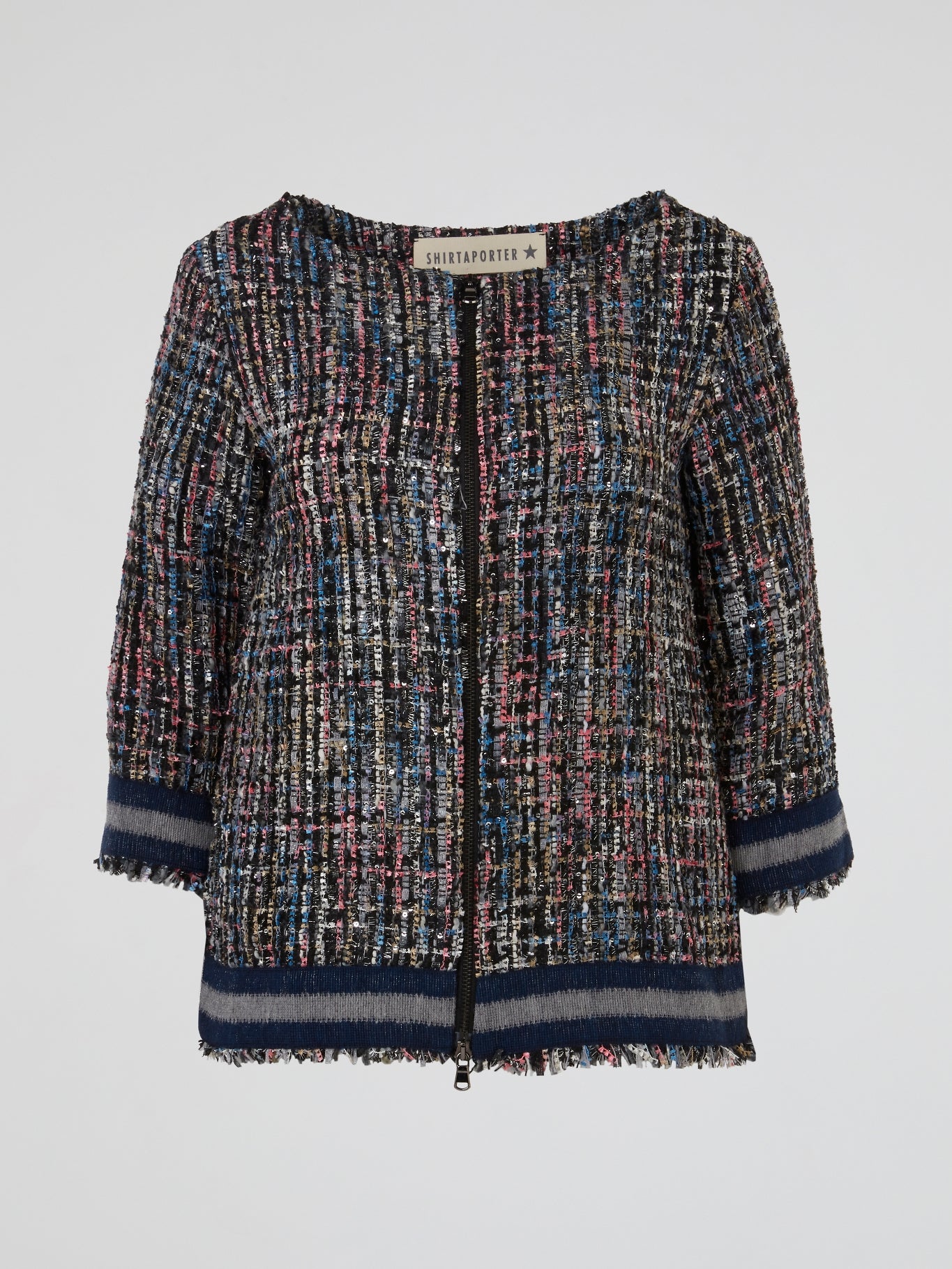 Multicolour Tweed Textured Zip Front Jacket