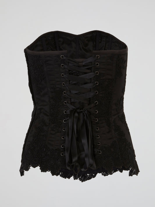 Black Embroidered Satin Corset Top