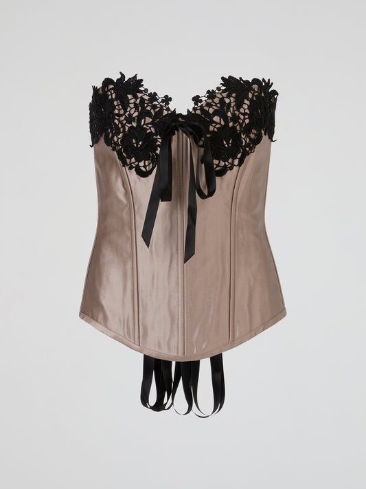 Beige Satin Black Lace-Up Corset Top