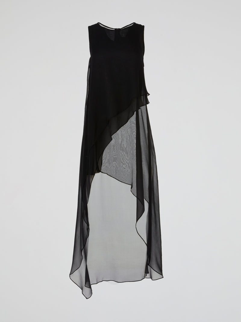 Black Sheer Layered Asymmetric Maxi Dress
