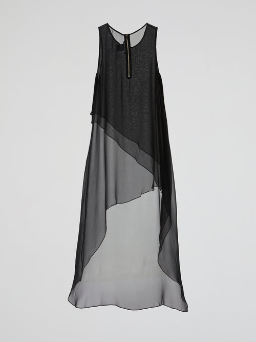 Black Sheer Layered Asymmetric Maxi Dress