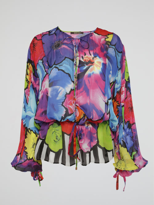 Neon Bloom Sheer Drawstring Kaftan