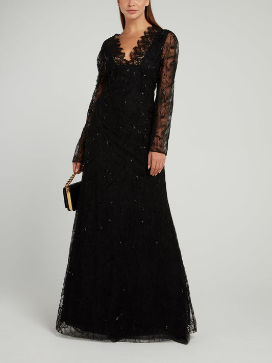Black Lace Overlay V-Neck Dress