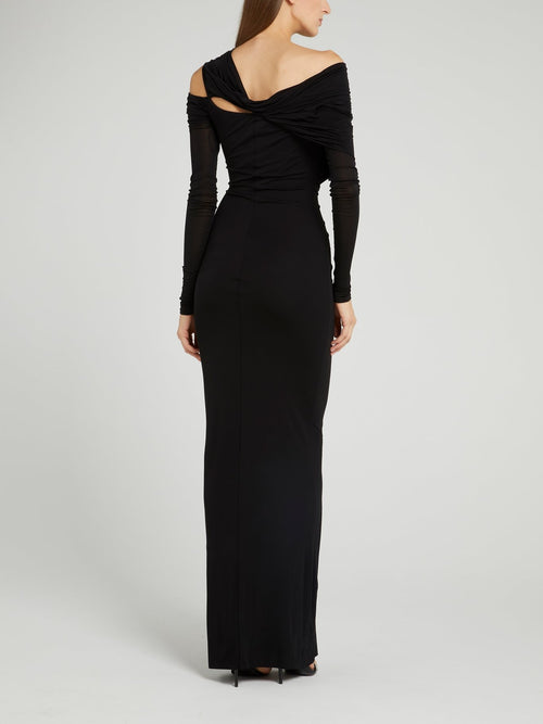 Black Ruched Cold Shoulder Maxi Dress