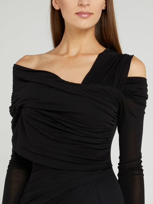 Black Ruched Cold Shoulder Maxi Dress