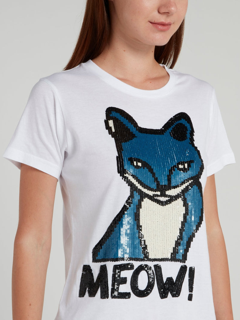 White Sequin Embellished Cat T-Shirt