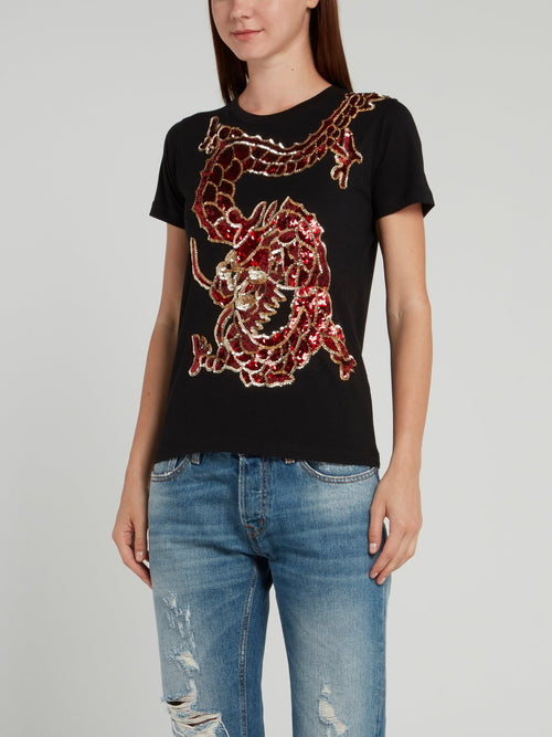 Black Sequin Embellished Dragon T-Shirt