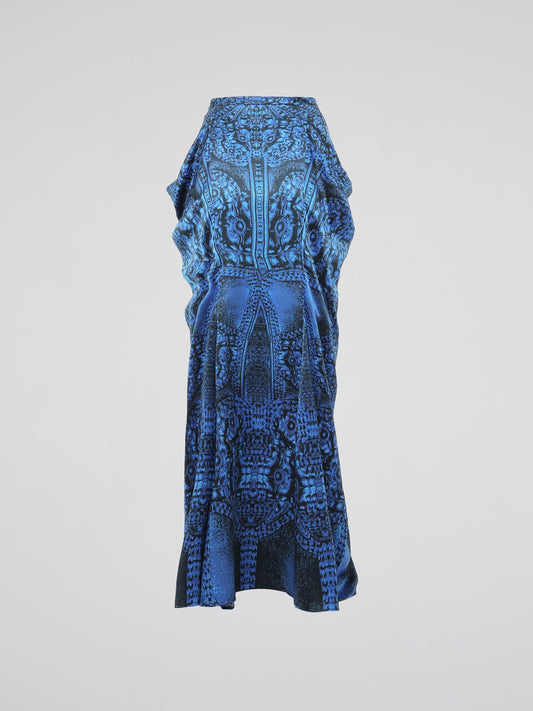 Elevate your wardrobe with the stunning Blue Printed Ruffle Skirt by Roberto Cavalli. With its vibrant blue hue and intricate prints, this skirt is an absolute showstopper. The cascading ruffles add a playful and flirty touch, making it a perfect choice for any occasion from brunch to a night out on the town.
