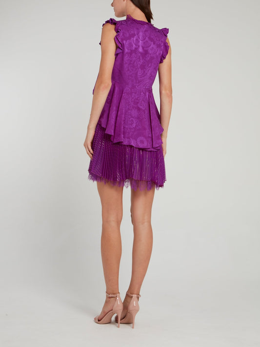 Purple Paisley Pattern Pleated Mini Dress
