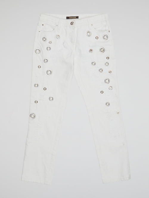 Elevate your denim game with these stunning White Embellished Denim Jeans by Roberto Cavalli. Featuring intricate beadwork and shimmering embellishments, these jeans are truly a work of art. Stand out from the crowd and make a statement with these one-of-a-kind, luxurious jeans.