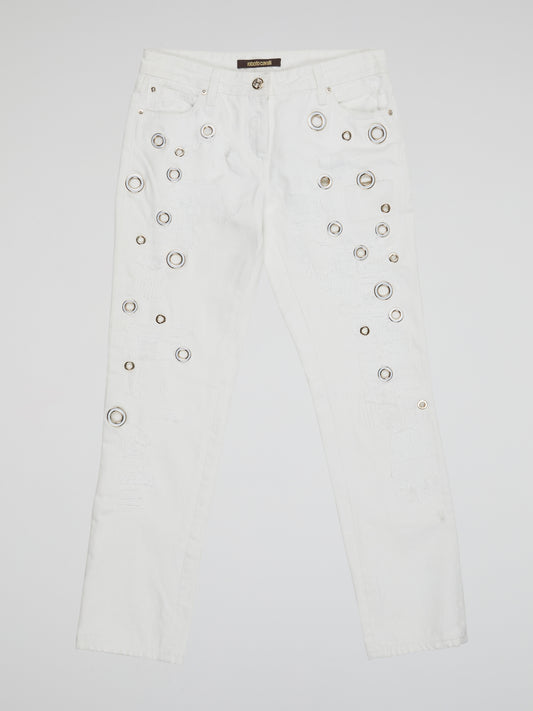 Elevate your denim game with these stunning White Embellished Denim Jeans by Roberto Cavalli. Featuring intricate beadwork and shimmering embellishments, these jeans are truly a work of art. Stand out from the crowd and make a statement with these one-of-a-kind, luxurious jeans.