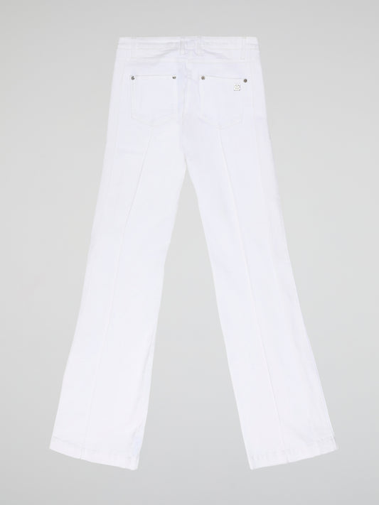 Step into fashion-forward elegance with these White Flared Jeans from renowned designer Roberto Cavalli. Crafted with meticulous attention to detail, these jeans feature a flattering high waistline and a mesmerizing flared silhouette that effortlessly elongates your legs. The pure white hue adds a touch of sophistication, making them the perfect statement piece for any occasion.