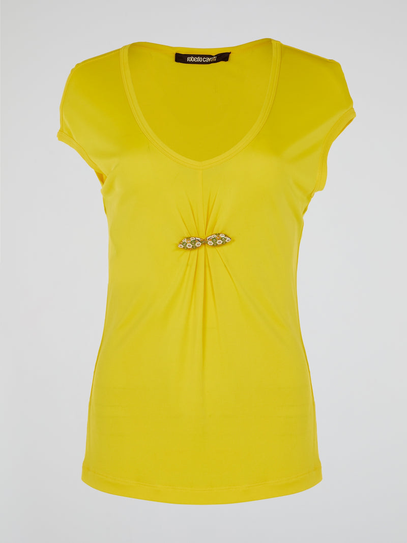 Make a bold statement with the Yellow Cap Sleeve Top by Roberto Cavalli, where vibrant sunshine meets high fashion finesse. Crafted with premium quality and attention to detail, its cap sleeves add a touch of playful elegance to any outfit. Embrace your inner fashion icon as you confidently step out, turning heads and radiating pure glamour.