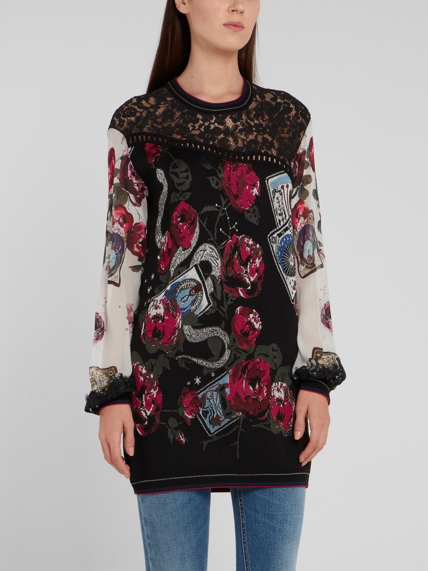 Printed Lace Panel Knitted Pullover