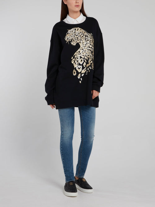 Black Leopard Embroidered Pullover