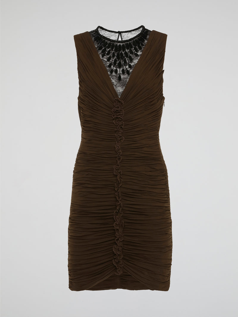 Elevate your evening attire with the sophisticated elegance of the Brown Lace Neckline Ruched Dress by Roberto Cavalli. The intricate lace neckline adds a touch of femininity, while the ruched detailing creates a flattering silhouette. Perfect for any special occasion, this dress exudes luxury and timeless style.