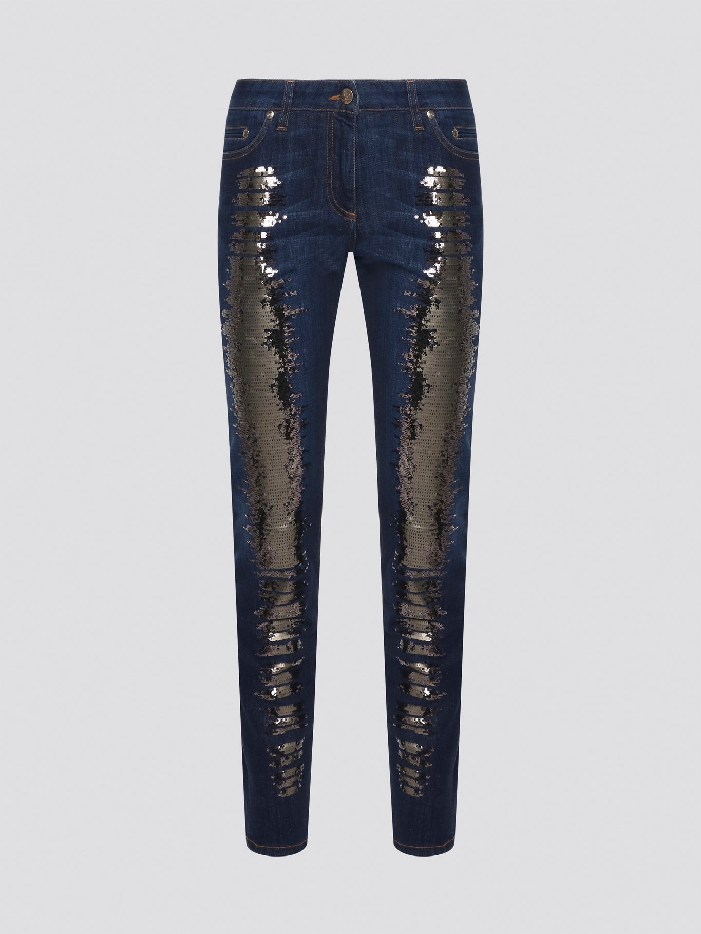 Sparkle and shine in style with these navy sequin embellished jeans by Roberto Cavalli. With a touch of glam and a hint of luxury, these jeans are perfect for adding a touch of sophistication to any outfit. Stand out from the crowd and make a statement with these dazzling denim pants.