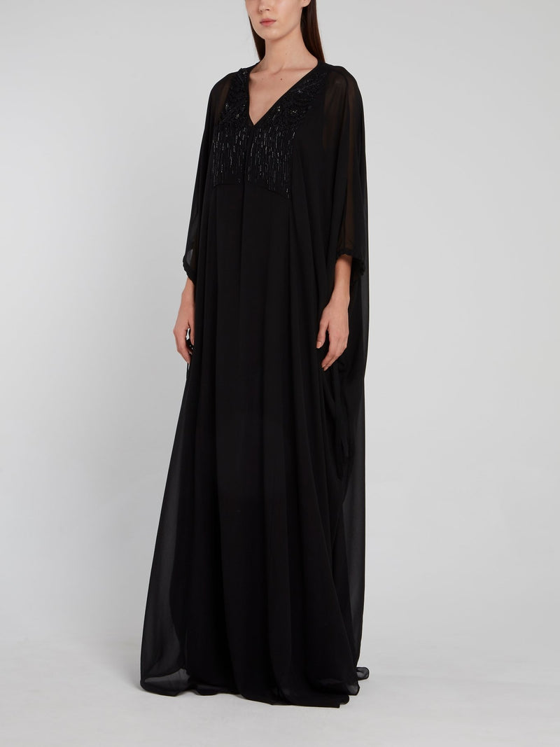 Black Beaded V-Neck Maxi Dress