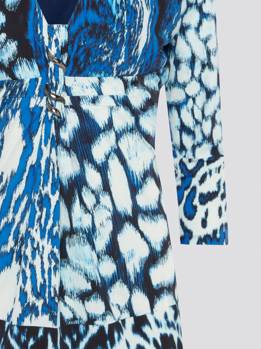 Indulge your wild side with the Blue Animal Print Plunge Dress by Roberto Cavalli - a fierce and fabulous statement piece that will turn heads wherever you go. The plunging neckline adds a touch of allure while the bold animal print exudes confidence and style. Step into this dress and unleash your inner fashionista for a night out on the town.