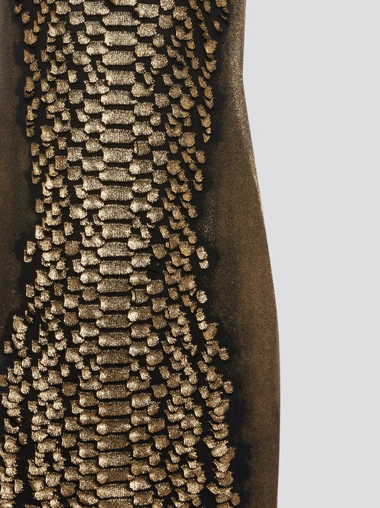 Step into the wild side with the Gold Reptilian Bodycon Dress from Roberto Cavalli. This eye-catching silhouette is adorned with a luxurious reptile print that will turn heads wherever you go. Perfect for a night out on the town, this dress is sure to make you feel like a dazzling diva.