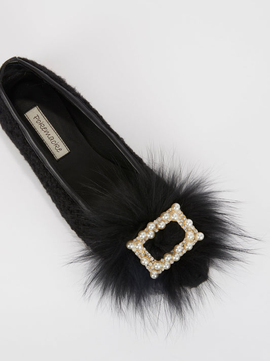 Black Embellished Sheep Fur Loafers