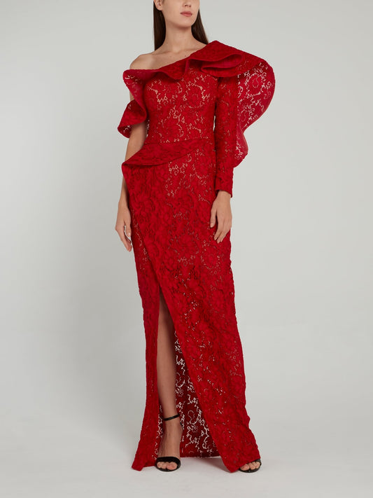Red Asymmetric Lace Maxi Dress
