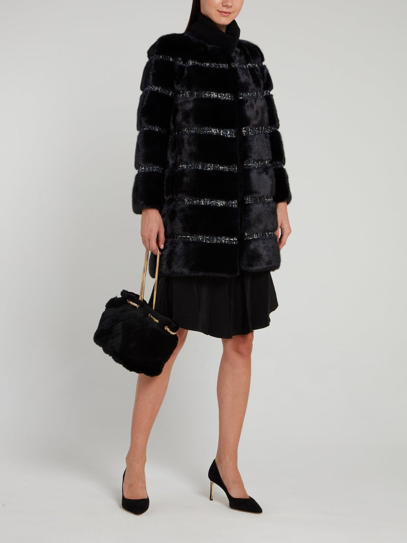 Black Tweed Striped Fur Coat