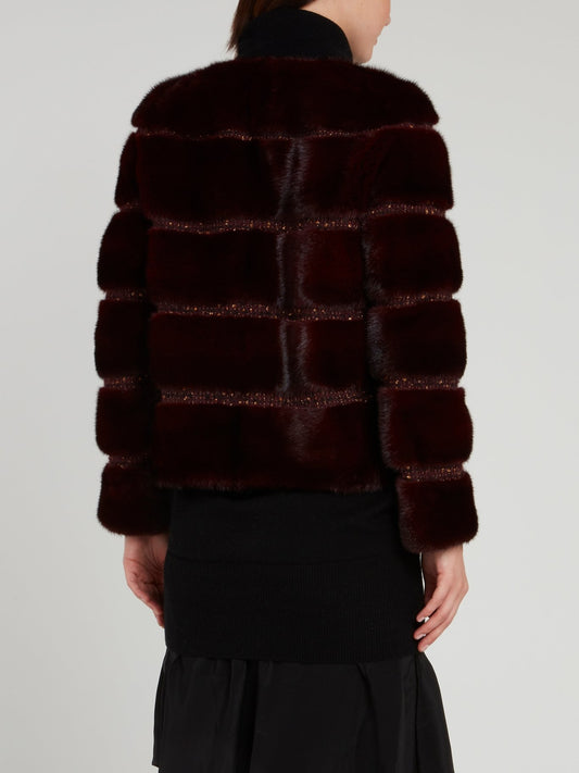 Burgundy Tweed Striped Fur Coat