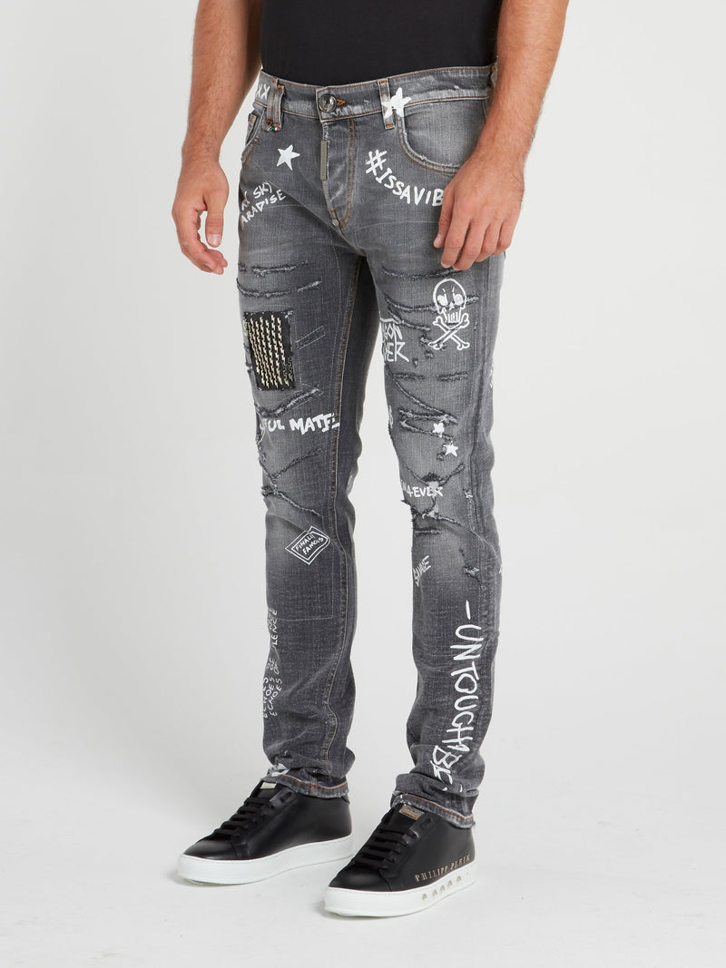 Grey Patched Graffiti Jeans