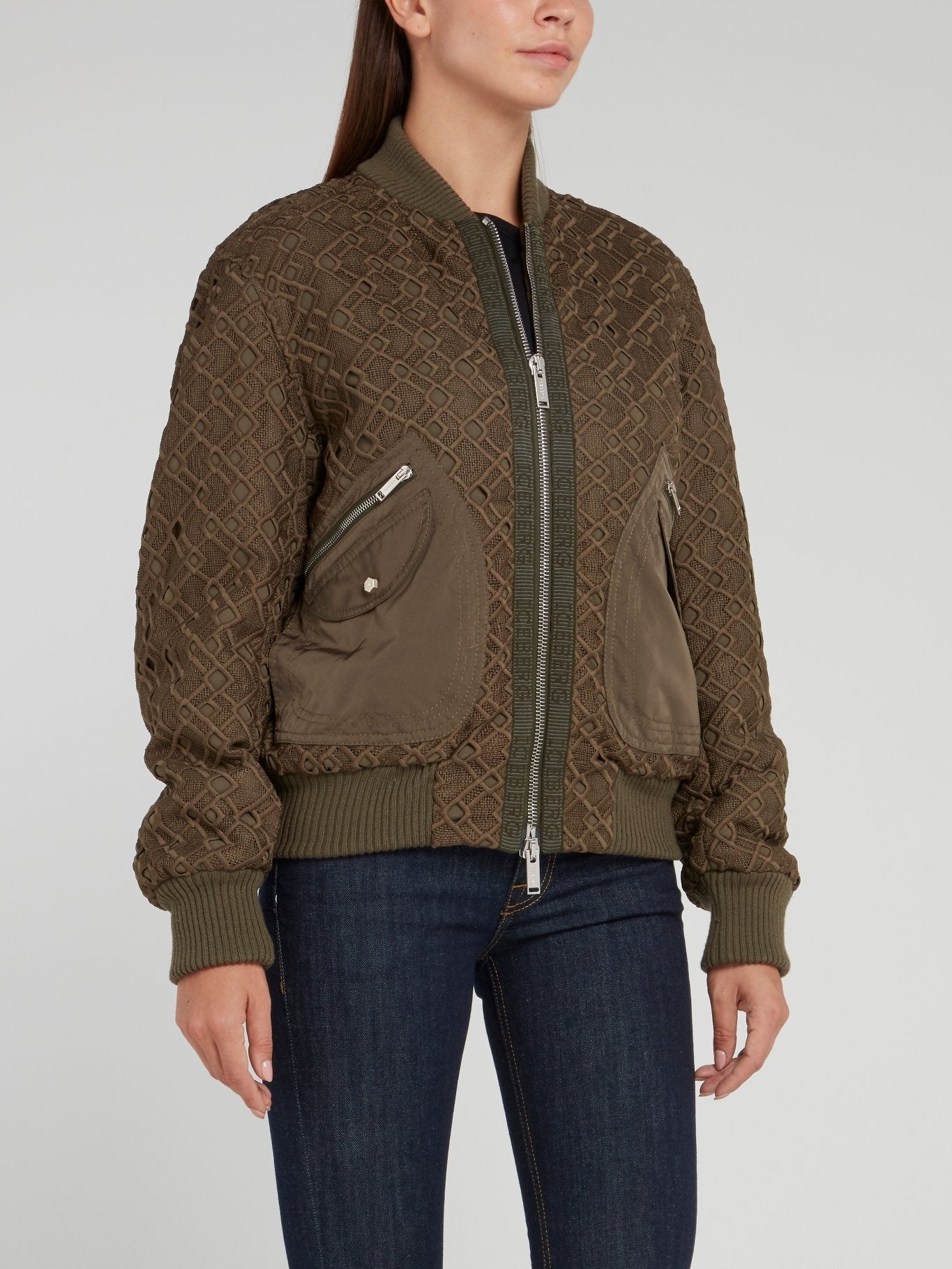 Brown Mesh Overlay Bomber Jacket