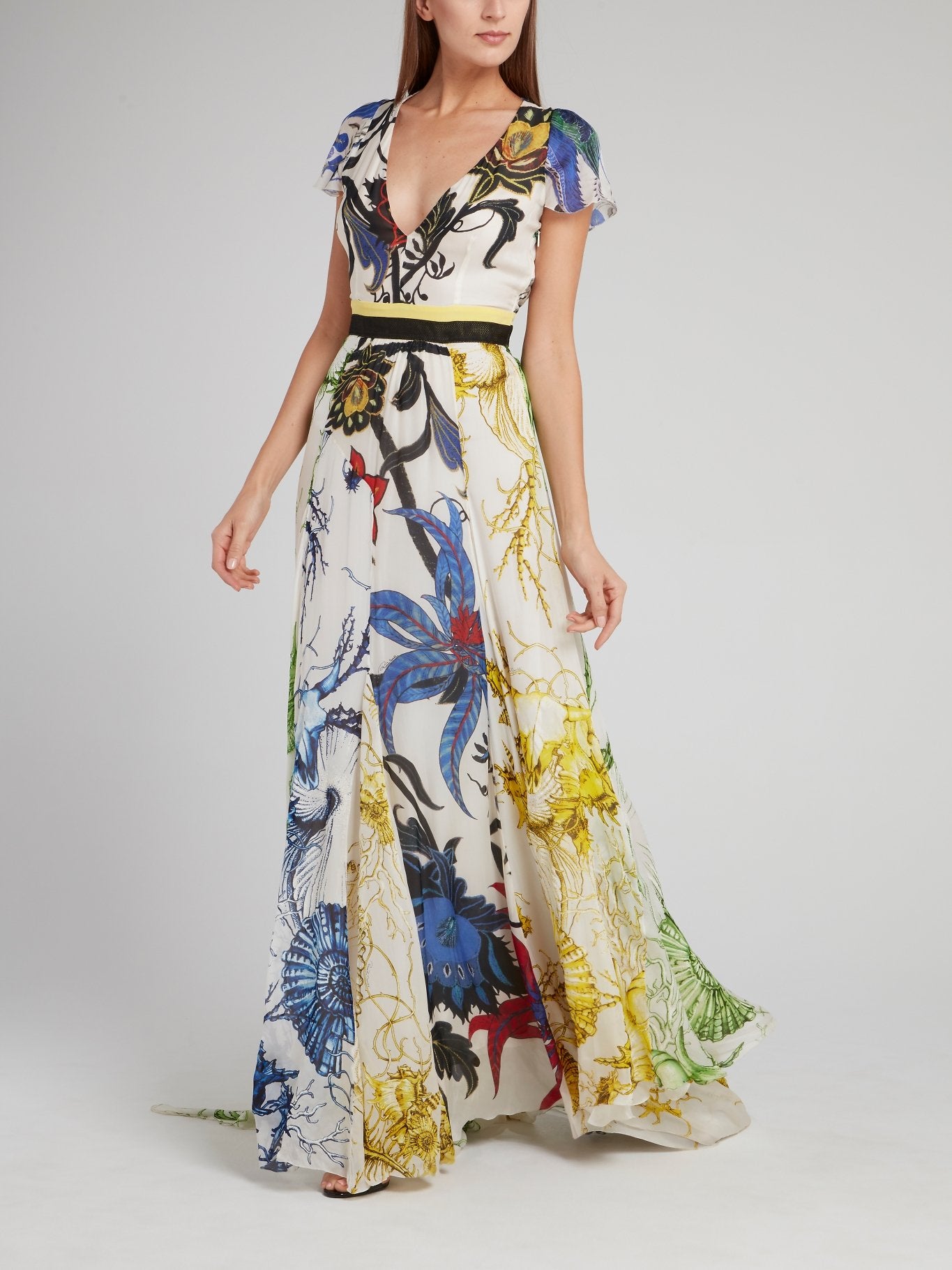 Floral Print Cap Sleeve Plunge Maxi Dress