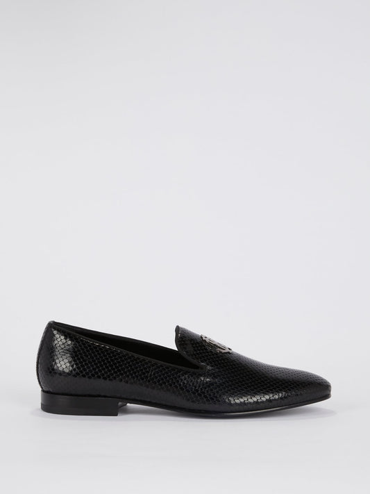 Black Snake Skin Textured Leather Loafers