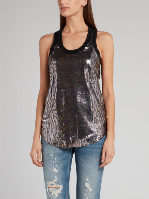 Sequin Embroidered Metallic Animal Print Tank Top