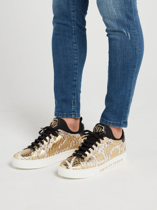 Gold Crocodile Effect Sneakers