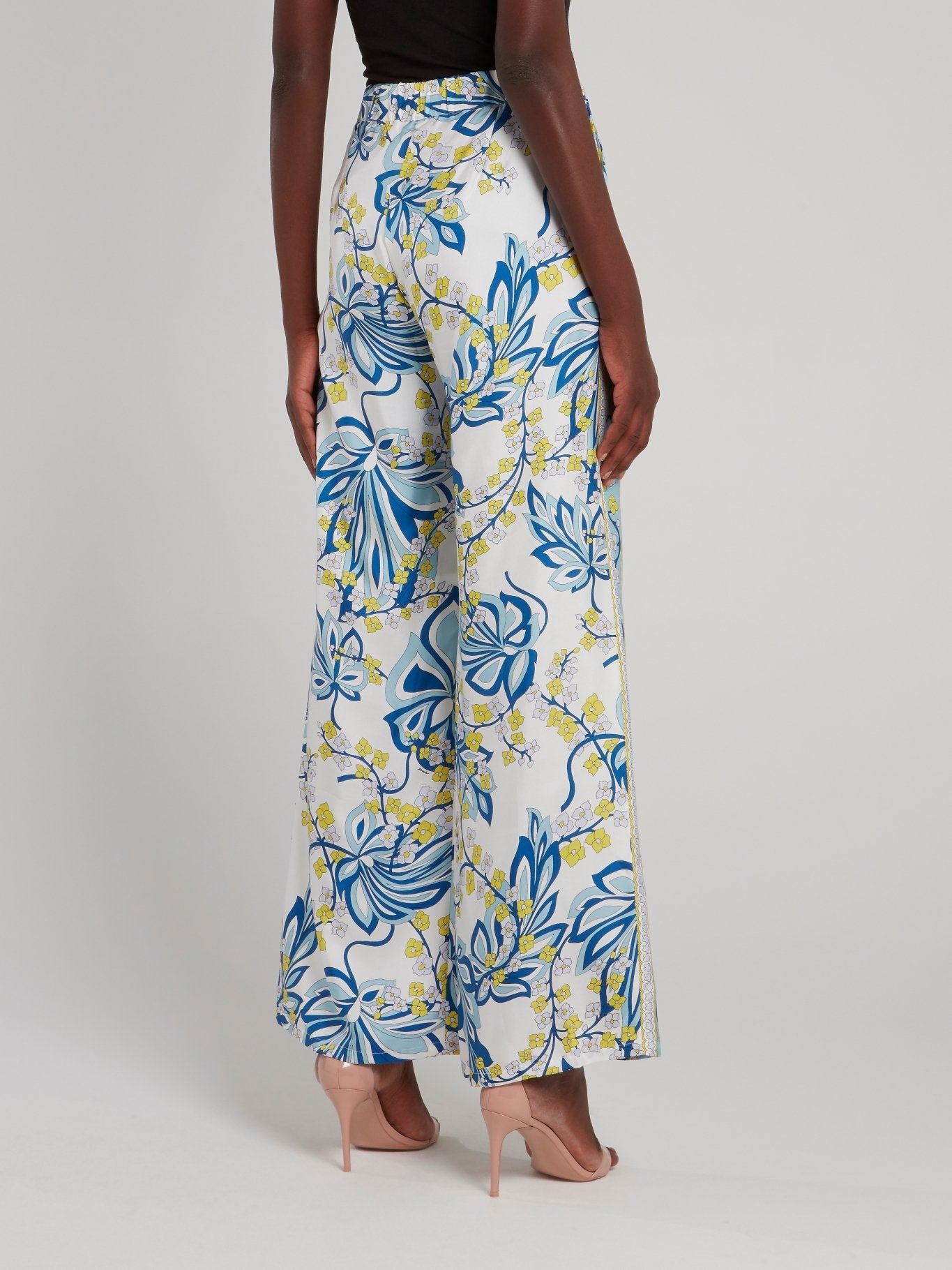 Blue Floral Print Wide Leg Pants