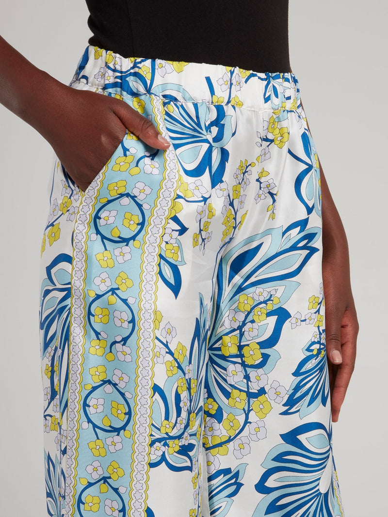 Blue Floral Print Wide Leg Pants