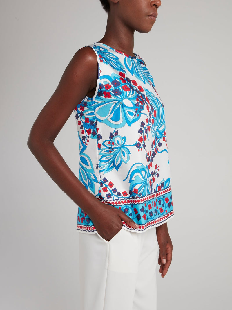 Blue Printed Sleeveless Top