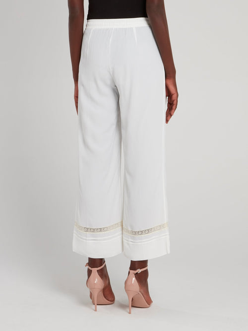 White Lace Panel Drawstring Wide Leg Pants