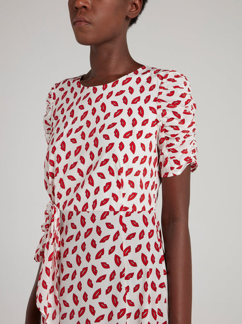 Lip Print Ruched Sleeve Midi Dress