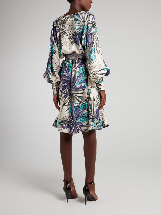 Tropical Print Bishop Sleeve Surplice Dress