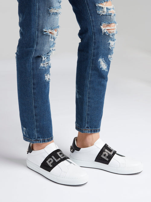 Naty White Studded Logo Front Strap Sneakers