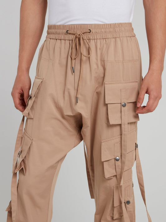 Beige Multi Pocket Drawstring Pants