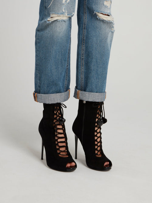 Black Suede Lace Up Ankle Boots