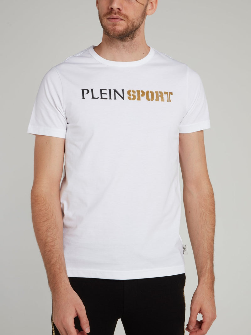 White Round Neck Logo Cotton T-shirt