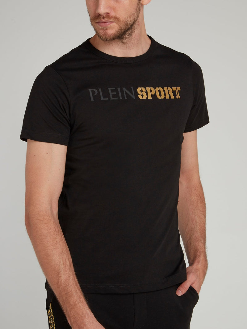 Black Round Neck Logo Cotton T-Shirt