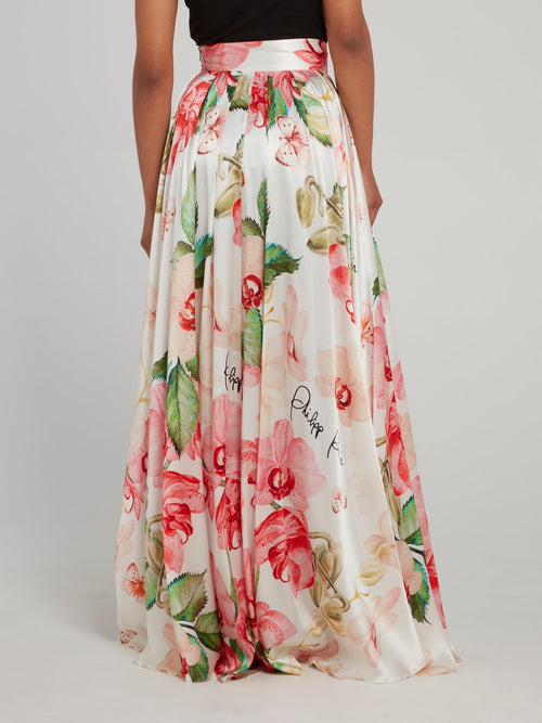 Floral Flared Silk Maxi Skirt