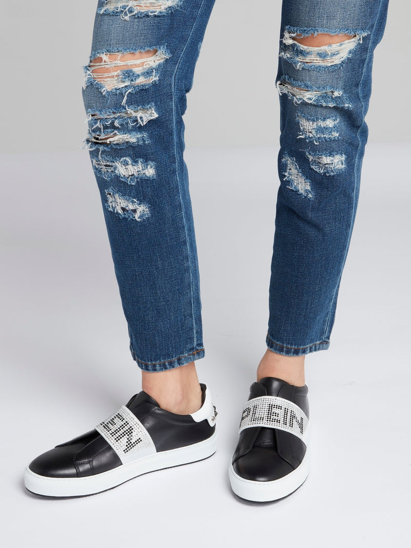 Naty Black Studded Logo Front Strap Sneakers