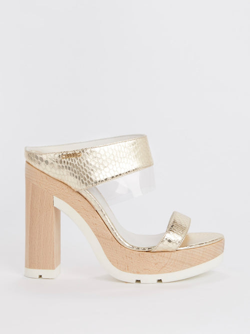 Gold Snake Effect Block-Heel Sandals